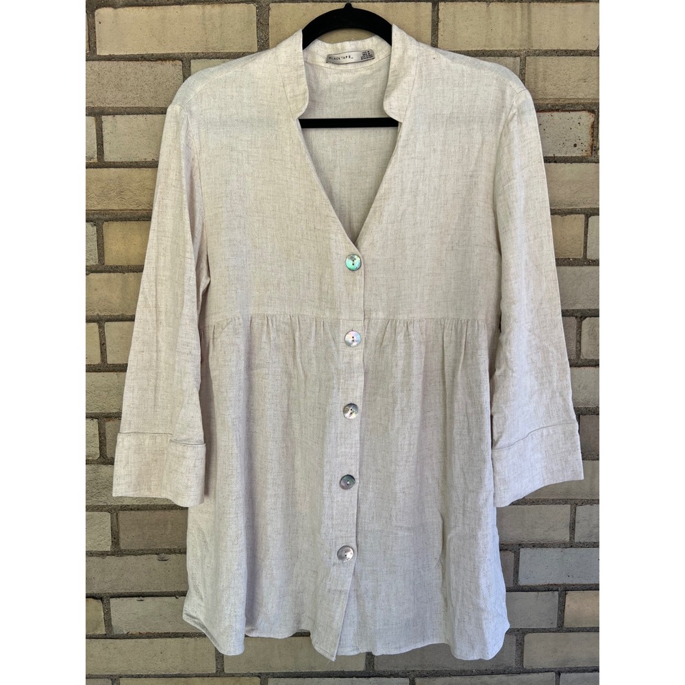 Black Tape Oatmeal Linen Blend 3/4 Slv Button Down Babydoll Tunic Top Sz Medium